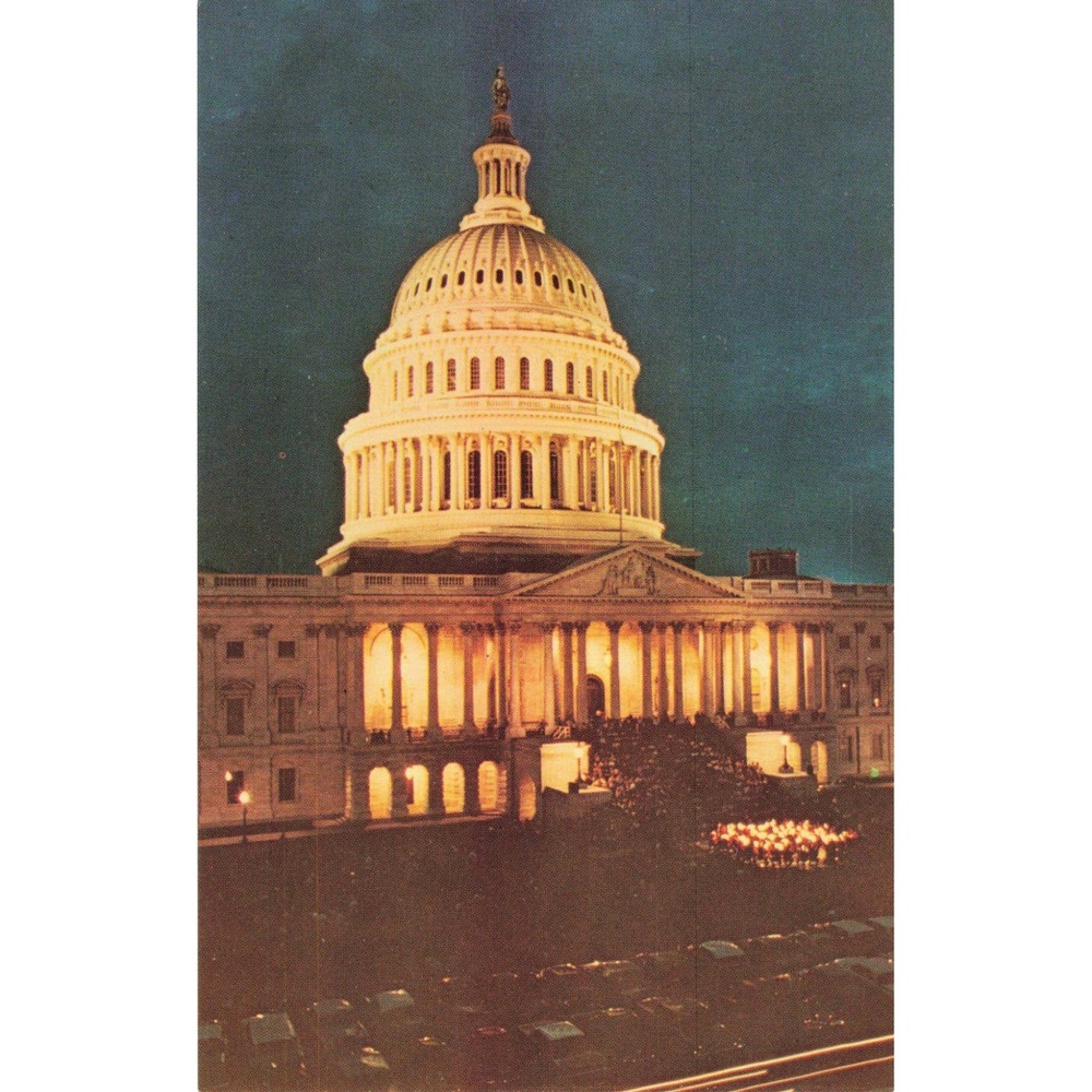 Vintage US Capitol at Night Postcard US Marine Band Concert Washington DC Chrome - Picture 1 of 2